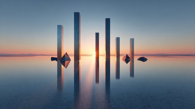 Metallic abstract monoliths stand in calm water during a soft sunset over distant landforms