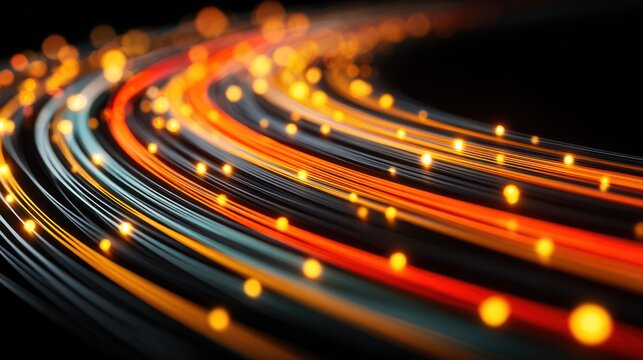 Illuminated digital pathways curve dynamically through a dark background creating a sense of rapid data transmission.