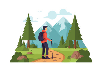 A hiker with a backpack stands on a trail © Komsatun