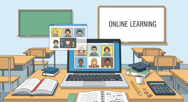 Online learning environment with laptop and classroom