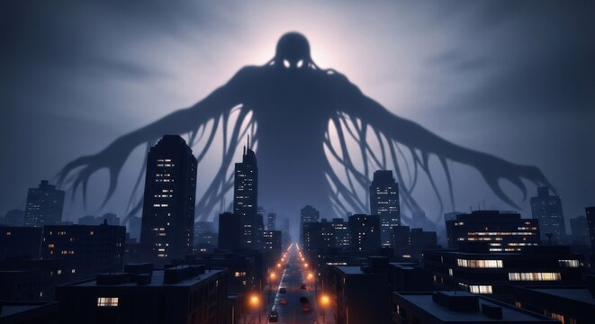 Gigantic scary monster shadow looming over a dark city street at night. Horror film concept for Halloween or a thriller movie poster.
