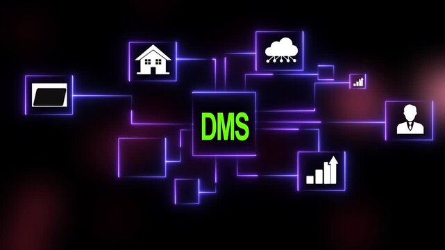 Document management system dms digital network concept with glowing neon for cloud storage, business analytics, and corporate data organization in a modern futuristic tech interface background