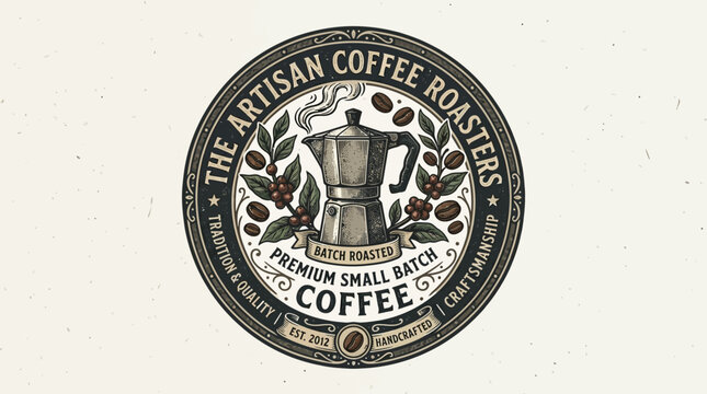 Artisan Coffee Roasters Logo with Coffee Maker and Beans - Premium Small Batch Coffee