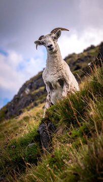 A white goat sits on a grassy hillside