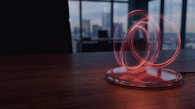 Crimson kinetic energy loops floating over a glass wireless charger
