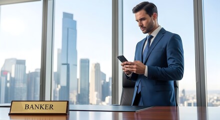 Fototapeta premium Banker Using Smartphone in Modern Office with City Skyline View, Business Workplace, Indoor Environment