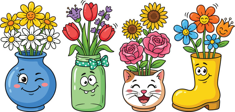 Cute cartoon flower bouquets in funny face containers vector set featuring smiling vases glass jar cat pot and yellow rain boot illustration