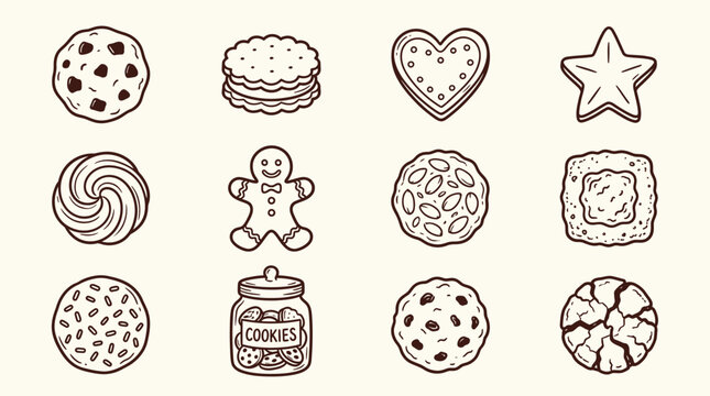 A charming collection of hand-drawn cookie illustrations, featuring various shapes and designs on a light background.