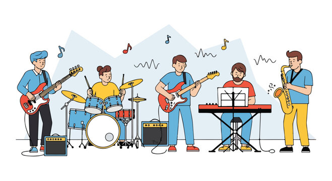 A cartoon band performing with various instruments