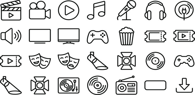 Multimedia and entertainment line icons vector set featuring cinema clapperboard movie camera music notes headphones gamepad theater masks vinyl record and spotlights isolated