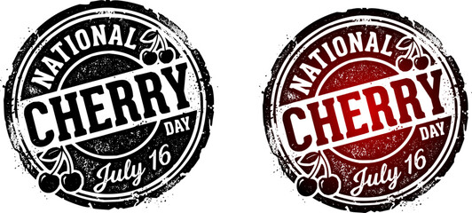 Obraz premium National Cherry Day vintage rubber stamp illustration with two distressed red and maroon badge designs featuring cherries, celebrating July 16.
