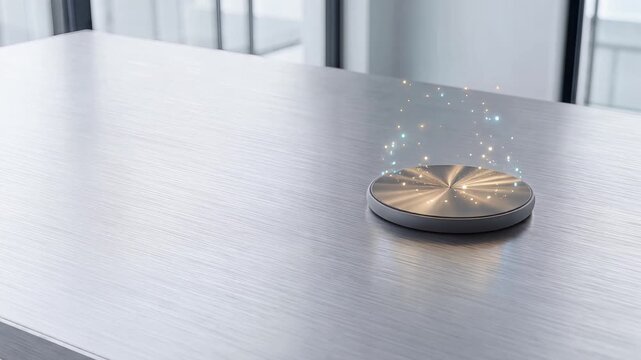 Gold light waves and digital stardust pulsing from a puck wireless charger