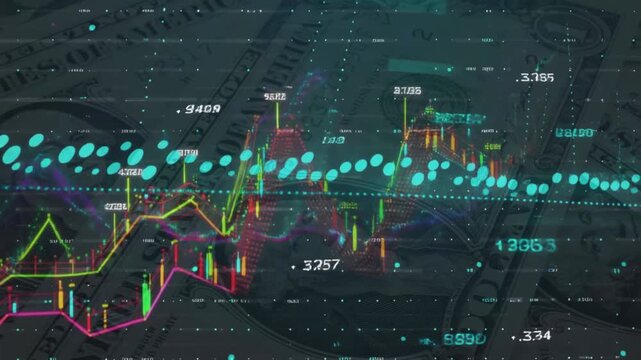 Animated financial charts with green and red lines moving upwards over a background of US dollar bills. Stock market growth, investment, and capital gain concept.