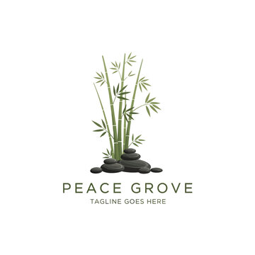 Serene landscape-style logo depicting tall bamboo stalks rising behind a stack of dark river stones, symbolizing nature's peace and grounded stability.