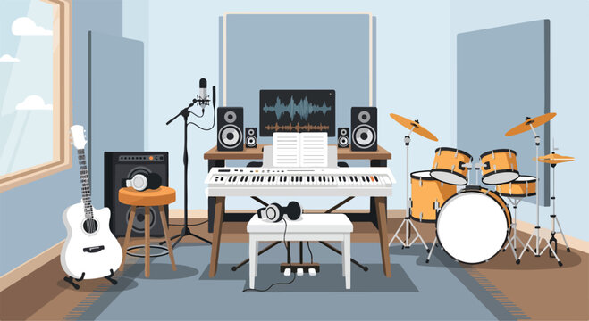 A music room with various instruments and recording equipment
