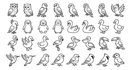 Obraz premium Cute bird icons set, 32 cartoon avian line art illustrations, black and white wildlife vector collection for coloring books and educational design
