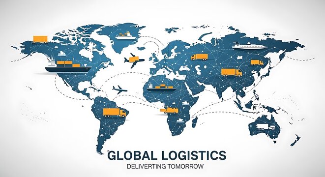 Global logistics network with world map and delivery trucks.