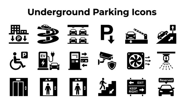 Collection of black and white icons representing various aspects of underground parking facilities.