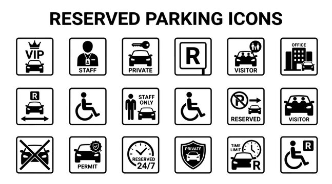 Collection of black and white icons representing various parking restrictions and designations.