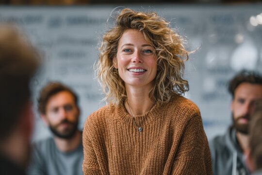 smiling woman in casual meeting environment