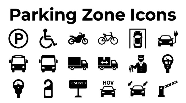 Collection of diverse parking zone icons including vehicles, accessibility, and services.