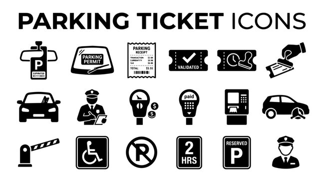 A collection of black and white icons representing parking tickets, enforcement, payment, and regulations.