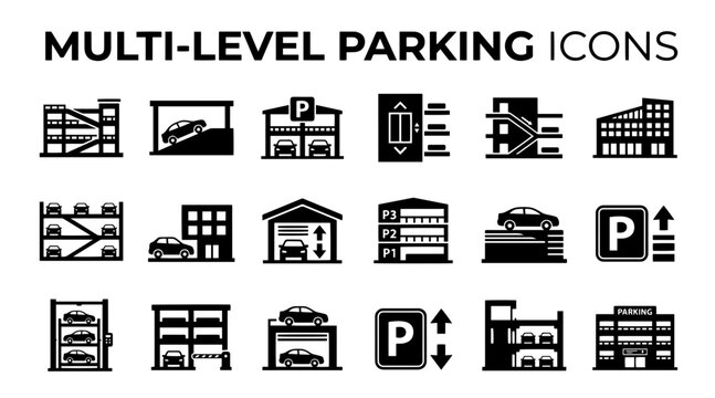 A collection of black and white icons representing various multi-level parking structures and services.