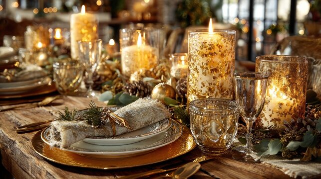 elegant holiday table setting with golden accents
