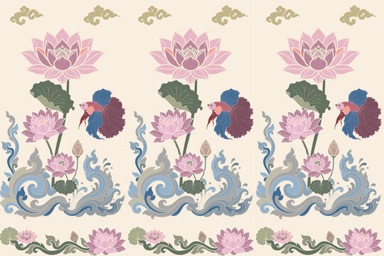 Luxury Thai seamless betta fish and lotus floral pattern featuring elegant Siamese fighting fish, blooming lotus flowers and Thai water ornaments for textile and surface design.