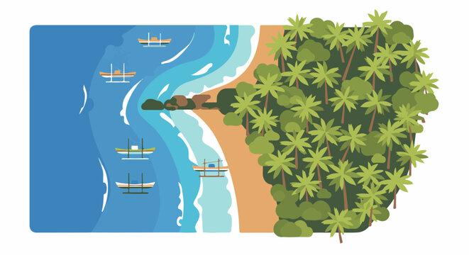 Tropical beach with palm trees, ocean, and fishing boats
