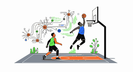 Fototapeta premium Two figures play basketball with AI circuitry overhead