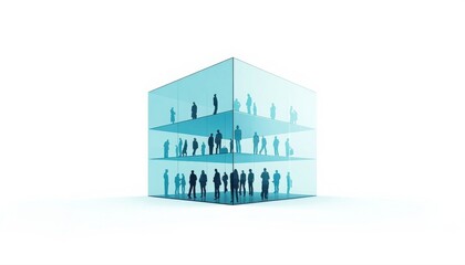 Fototapeta premium Transparent glass cube showing layered silhouettes of business people inside office architecture with business corporate architecture structure transparent silhouette professional management