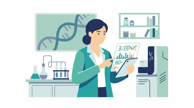 Female scientist analyzing genetic data in a modern laboratory setting with advanced technology.