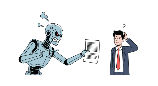 Angry robot pointing at a document while scolding a confused businessman in a suit representing the rise of artificial intelligence.