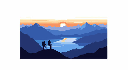 Obraz premium Two backpackers observe a tranquil lake at sunrise amidst majestic mountains