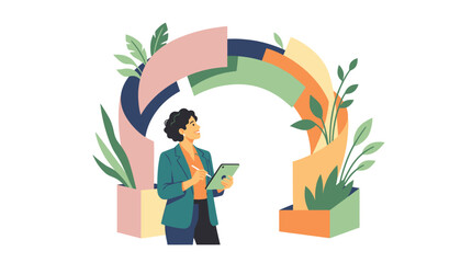 Naklejka premium Woman with tablet standing before a vibrant colorful archway surrounded by green plants.