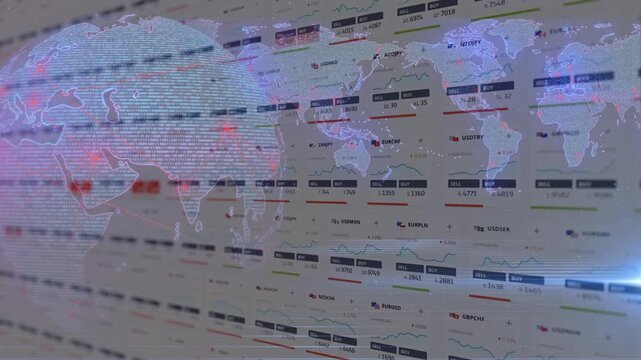 Holographic earth made of binary code over a digital screen displaying live forex market trading data, currency pairs, and financial charts. Global finance.
