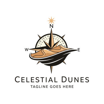 Elegant logo design combining a compass rose with rolling sand dunes and a guiding star, ideal for travel and desert-themed brands.