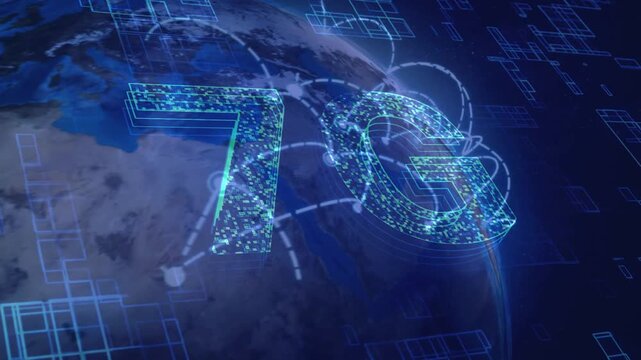 Holographic 7G text hovering over planet Earth with digital grid elements and signal waves, illustrating the futuristic concept of ultra-fast global telecommunications and advanced wireless internet.