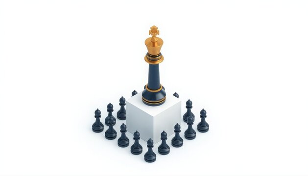 Single gold chess king piece standing on white pedestal surrounded by black pawns with strategy leadership business competition superiority pedestal challenge management achievement decision