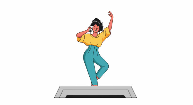 Woman dancing joyfully with headphones on a step platform