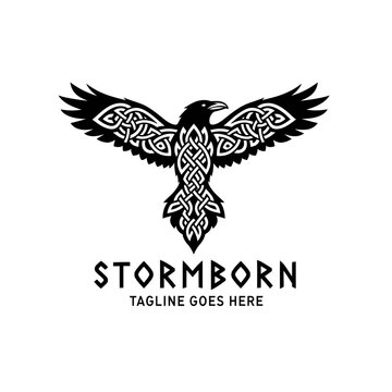 Elegant black and white crow emblem featuring traditional Nordic or Celtic knotwork, perfect for branding, fantasy themes, or cultural identity.