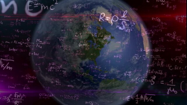 Complex physics and mathematics equations floating over planet Earth in outer space, symbolizing global scientific discovery, quantum mechanics, the laws of the universe, and advanced education.