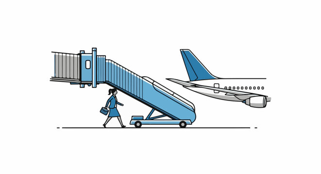 Woman walks towards jet bridge and airplane at airport