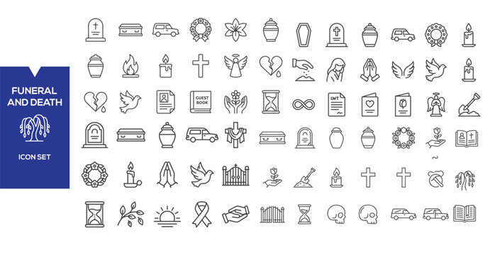 Funeral and Death Icon Set: A comprehensive collection of minimalist line icons representing various aspects of funerals and death, including coffins, urns, wreaths, candles, crosses, and doves.