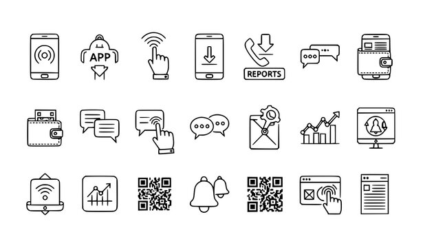Smartphone apps and mobile payment outline icon collection vector EPS10