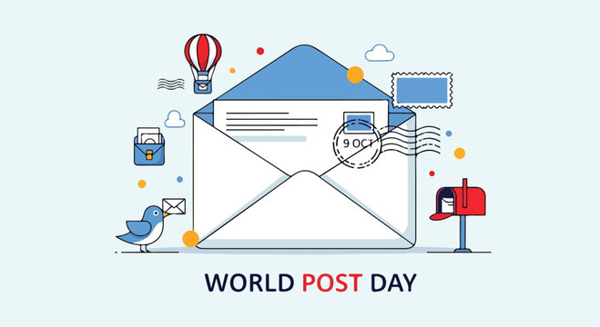 World Post Day illustration with envelope and postal symbols
