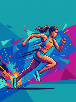 Dynamic female athlete running on abstract colorful geometric background vector illustration