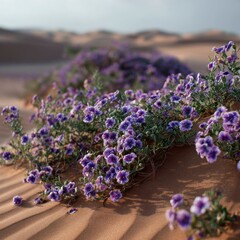 Fototapeta premium Vibrant purple wildflowers bloom across sunlit desert sand dunes
