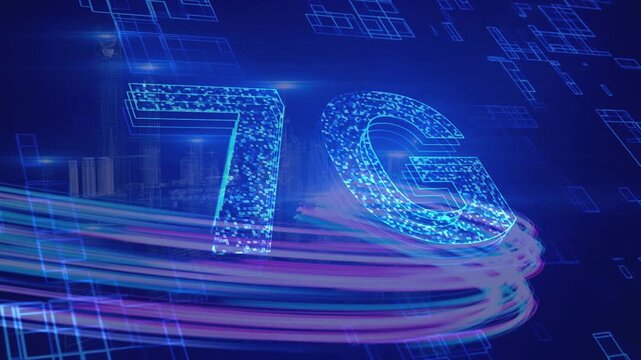 Glowing digital 7G text with high-speed fiber optic light streaks moving through a futuristic wireframe smart city, representing ultra-fast urban network connectivity and next-generation internet.